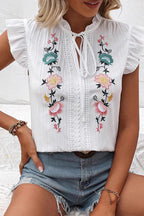 Fashion Embroidery Ruffle Sleeve Casual Tops