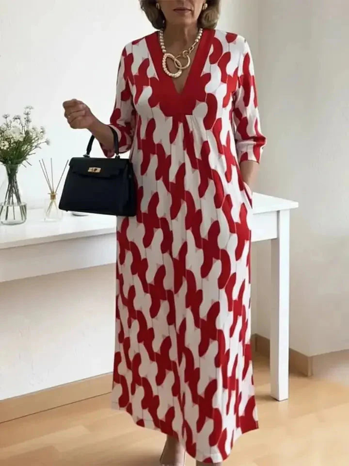 Elegant Art Print Color Block Trim V-neck Midi Dress