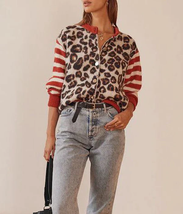 Floweary Unique Leopard Collarless Long Sleeve Cardigan