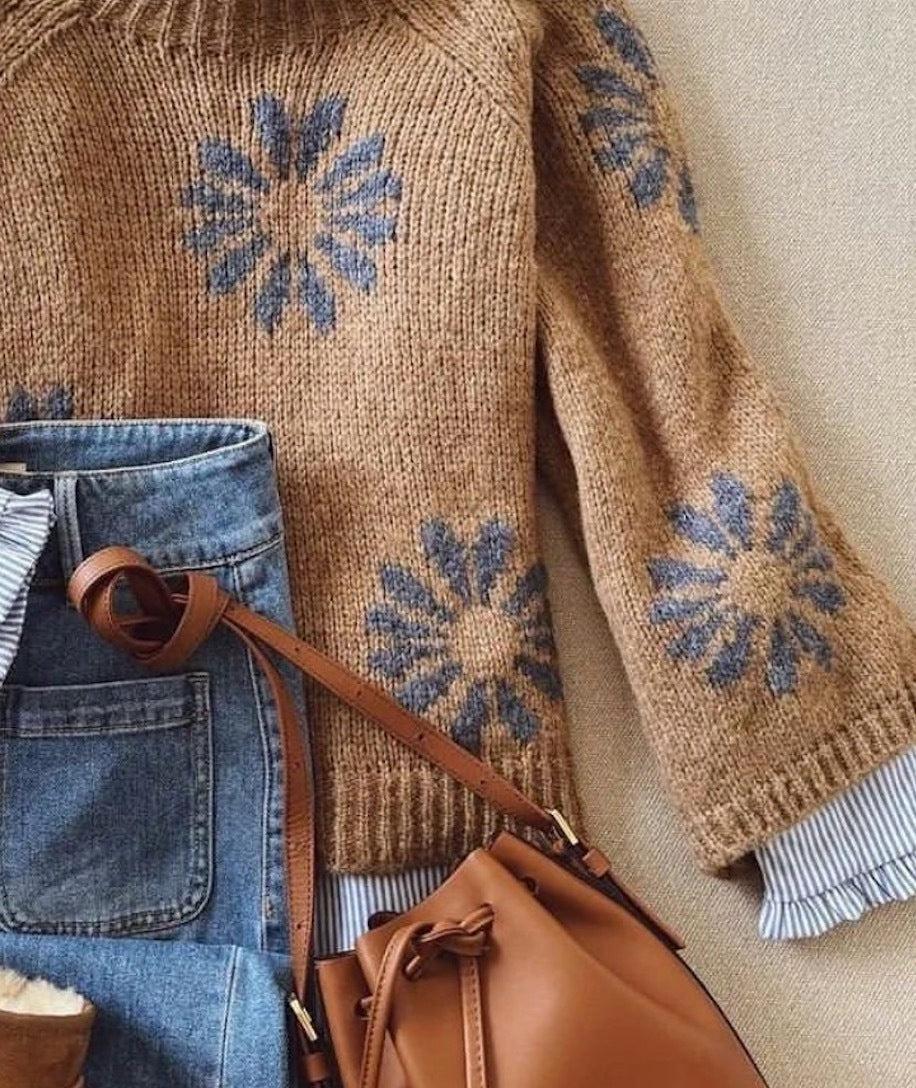 Floweary Retro Brown Mock Neck Long Sleeve Sweater