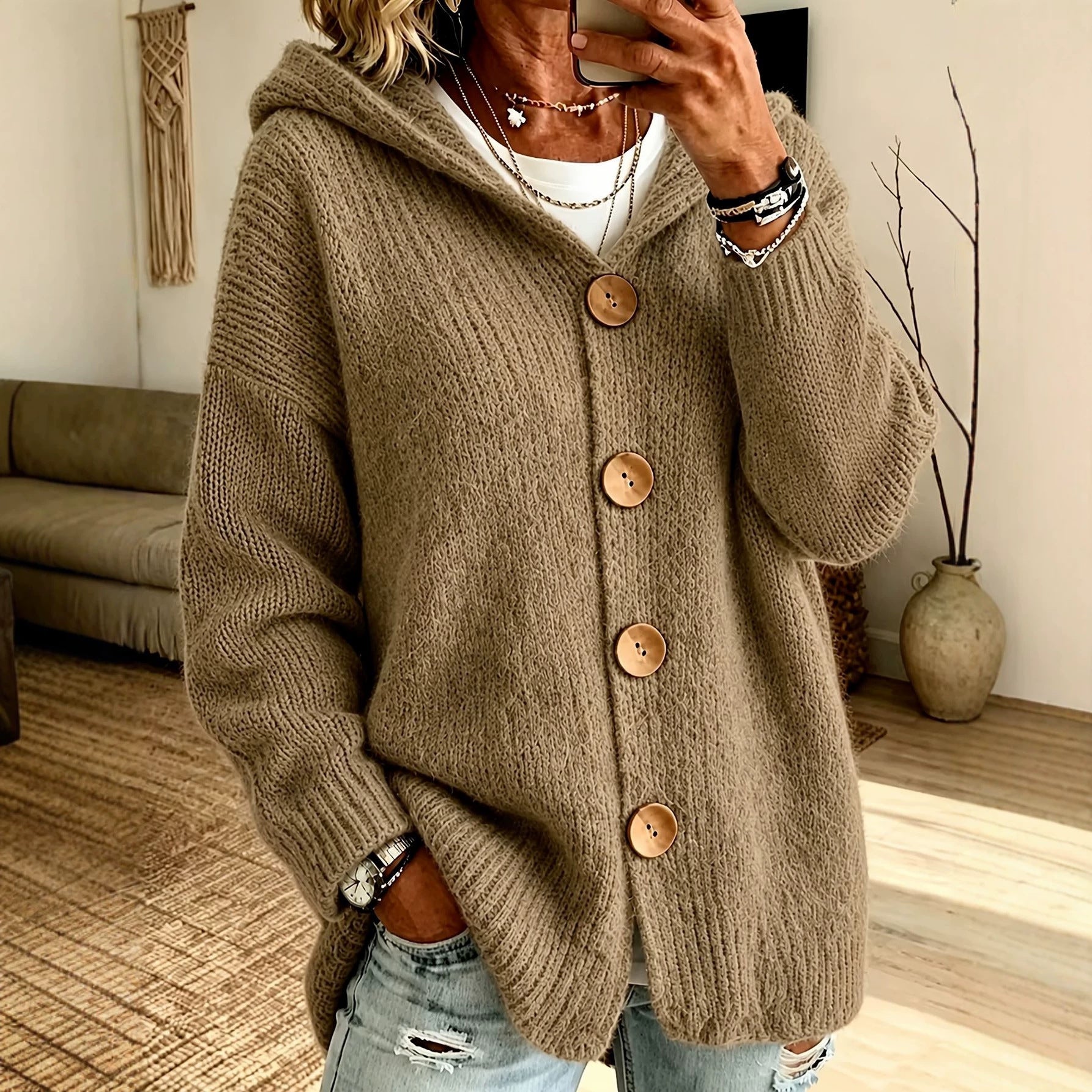 Oversized Hooded Button‑Front Long Sleeve Loose Fit Knit Cardigan With Pockets