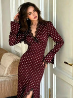 Polka‑Dot Lace Trim Long Sleeve Midi Dress