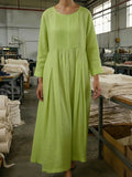Vintage Style Pleated Cotton Linen Midi Dress