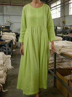 Vintage Style Pleated Cotton Linen Midi Dress