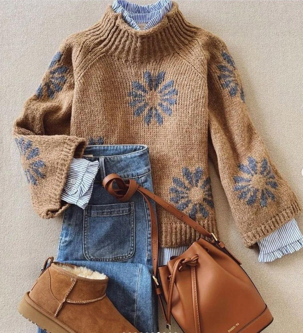 Floweary Retro Brown Mock Neck Long Sleeve Sweater