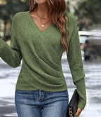 Floweary Green Plain V-Neck Long Sleeve Sweater