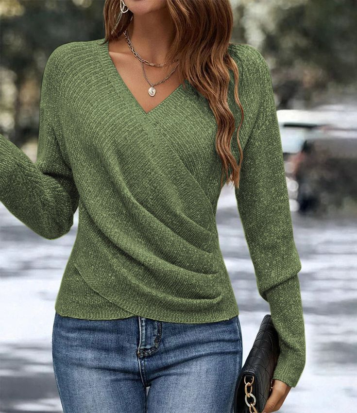 Floweary Green Plain V-Neck Long Sleeve Sweater