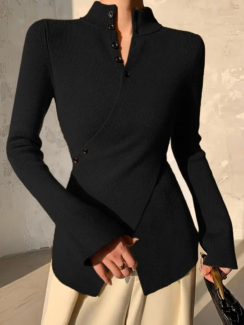 Floweary Modern Black Plain V-Neck Sweater
