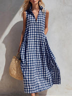 Women's Summer Resort Seaside Plaid Sleeveless Loose Long Dress