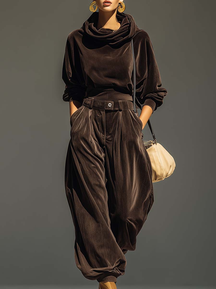 Vintage brown velvet hoodie and loose-fitting trousers set(Includes belt)