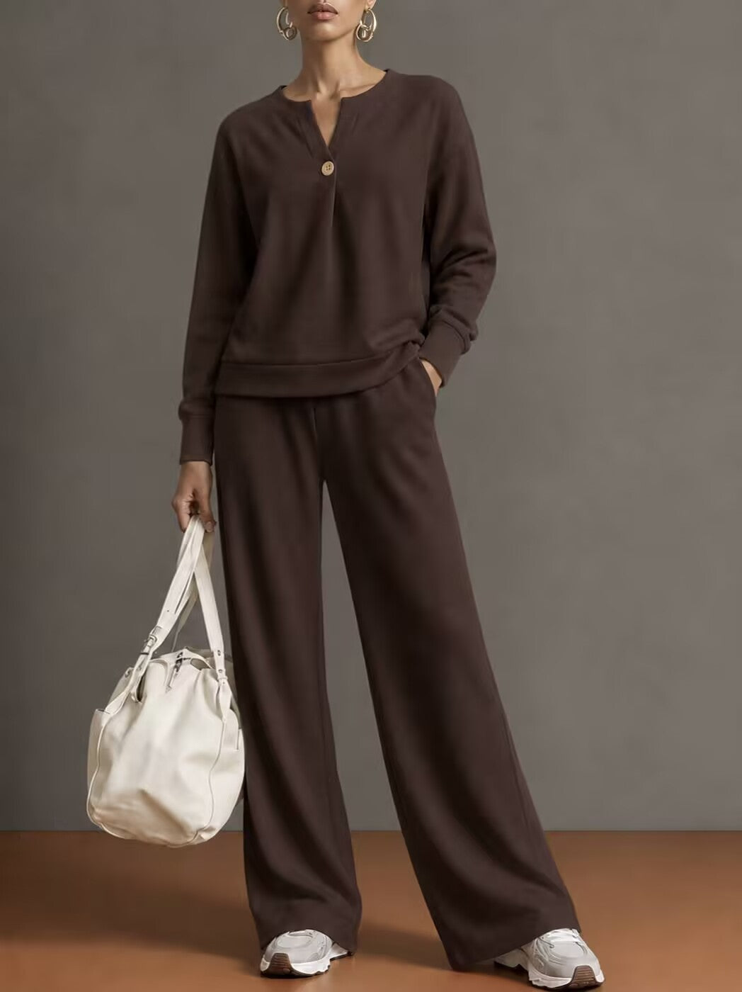 Women's Notch‑Neck Button Long‑Sleeve Top & Wide‑Leg Pants Two‑Piece Loungewear Set