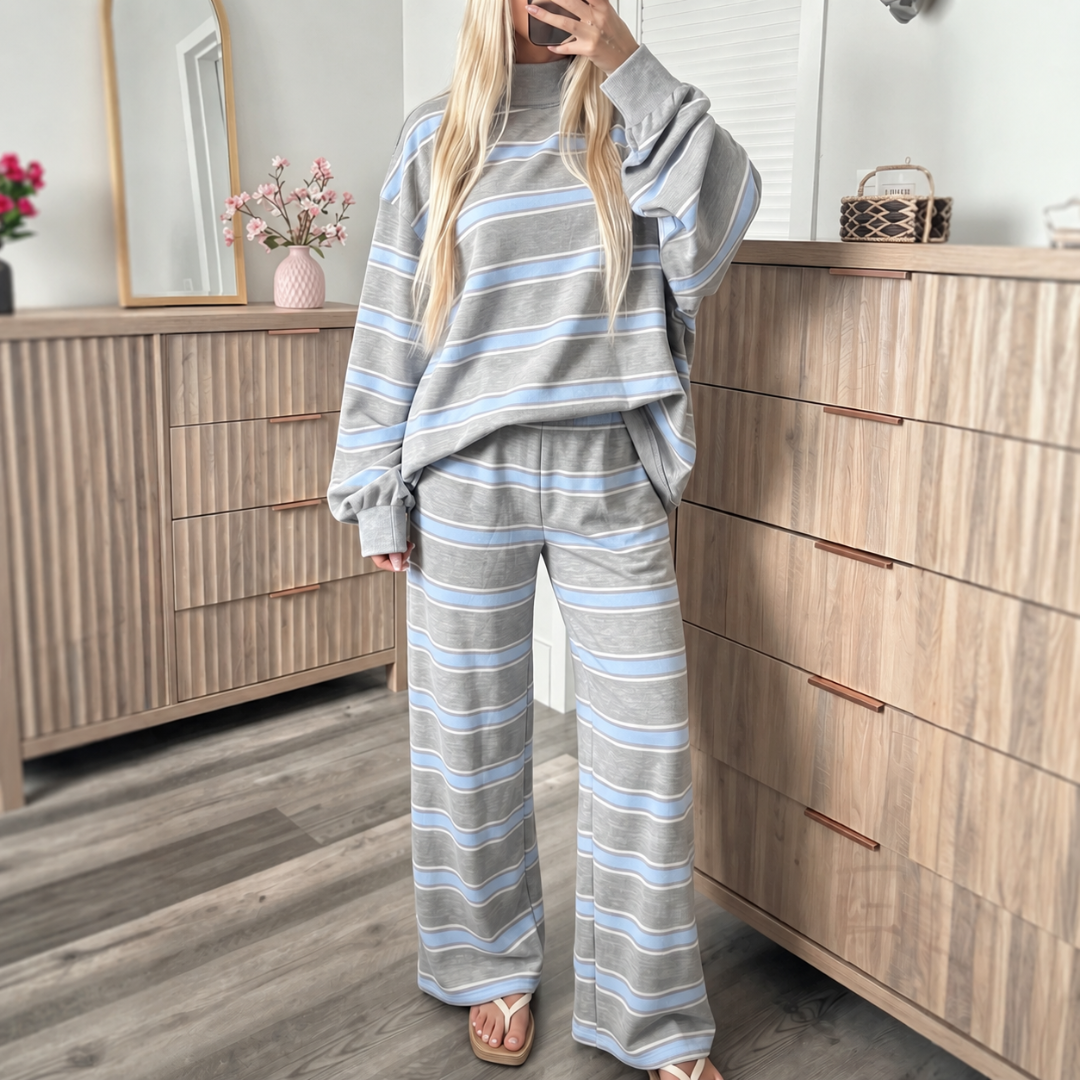 Striped Knit Lounge Set – Relaxed Crewneck Sweatshirt & Wide-Leg Pants