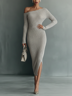 Women's Gray One-shoulder Knitted Dress
