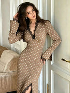 Polka‑Dot Lace Trim Long Sleeve Midi Dress