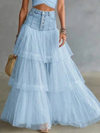 High Waist Button‑Front Denim Patchwork Tiered Tulle Maxi Skirt