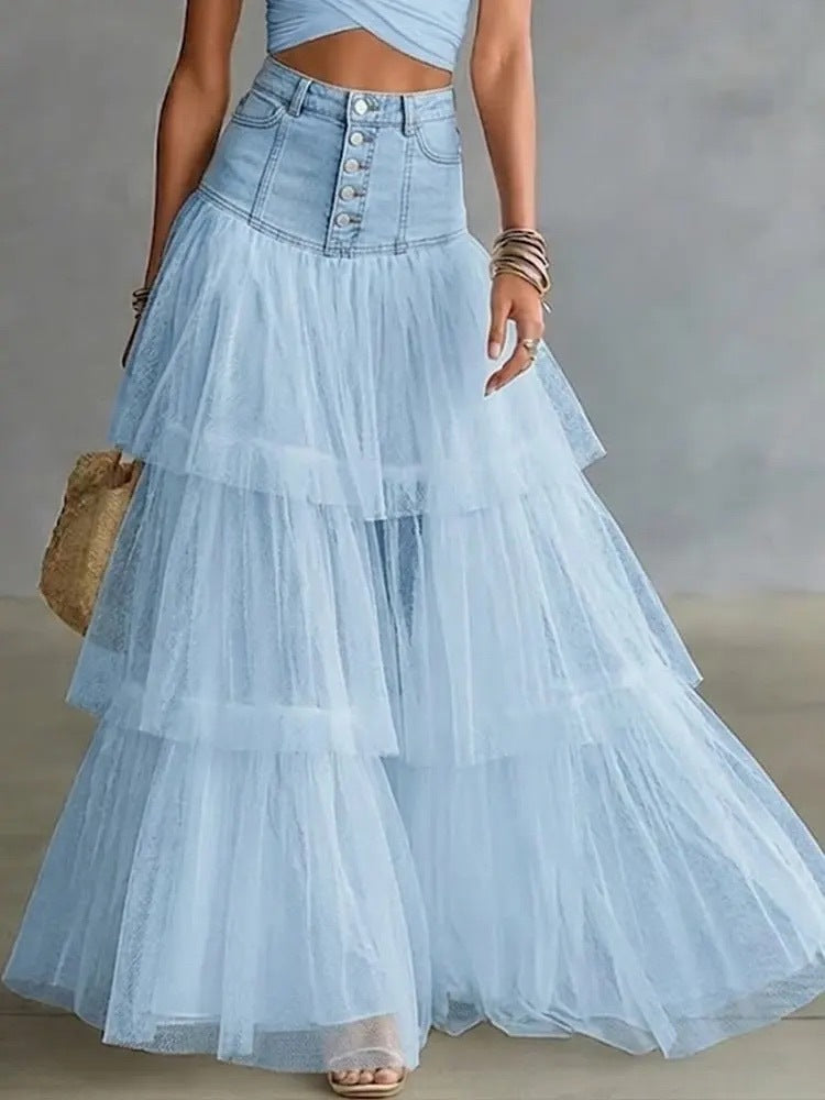 High Waist Button‑Front Denim Patchwork Tiered Tulle Maxi Skirt
