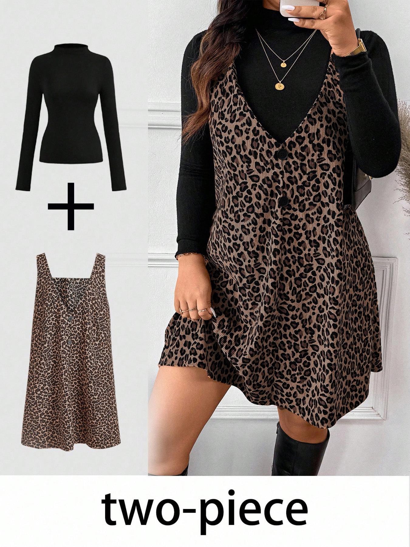 Women's High‑Neck Long Sleeve Top & V‑Neck Sleeveless Mini Dress Two‑Piece Set