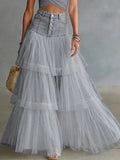 High Waist Button‑Front Denim Patchwork Tiered Tulle Maxi Skirt