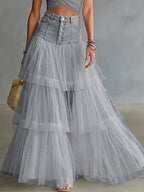 High Waist Button‑Front Denim Patchwork Tiered Tulle Maxi Skirt