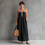 Black Embroidered Linen Maxi Dress