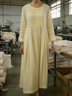 Vintage Style Pleated Cotton Linen Midi Dress