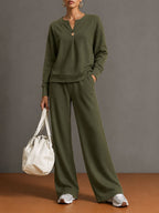 Women's Notch‑Neck Button Long‑Sleeve Top & Wide‑Leg Pants Two‑Piece Loungewear Set