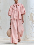 Blush Pink Linen-Blend Bow Tie Puff Sleeve Top & Wide-Leg Pants Set