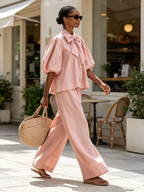 Blush Pink Linen-Blend Bow Tie Puff Sleeve Top & Wide-Leg Pants Set