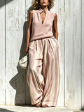 Pink Casual sleeveless top and loose striped trousers set