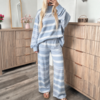 Striped Knit Lounge Set – Relaxed Crewneck Sweatshirt & Wide-Leg Pants