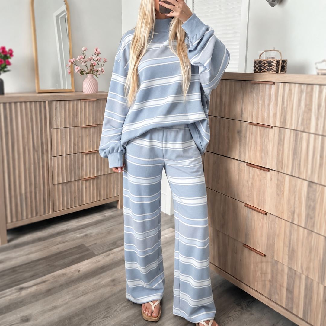 Striped Knit Lounge Set – Relaxed Crewneck Sweatshirt & Wide-Leg Pants