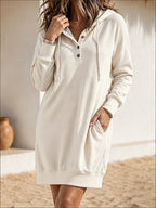 Henley Hooded Long Sleeve Sweatshirt Dress With Pockets