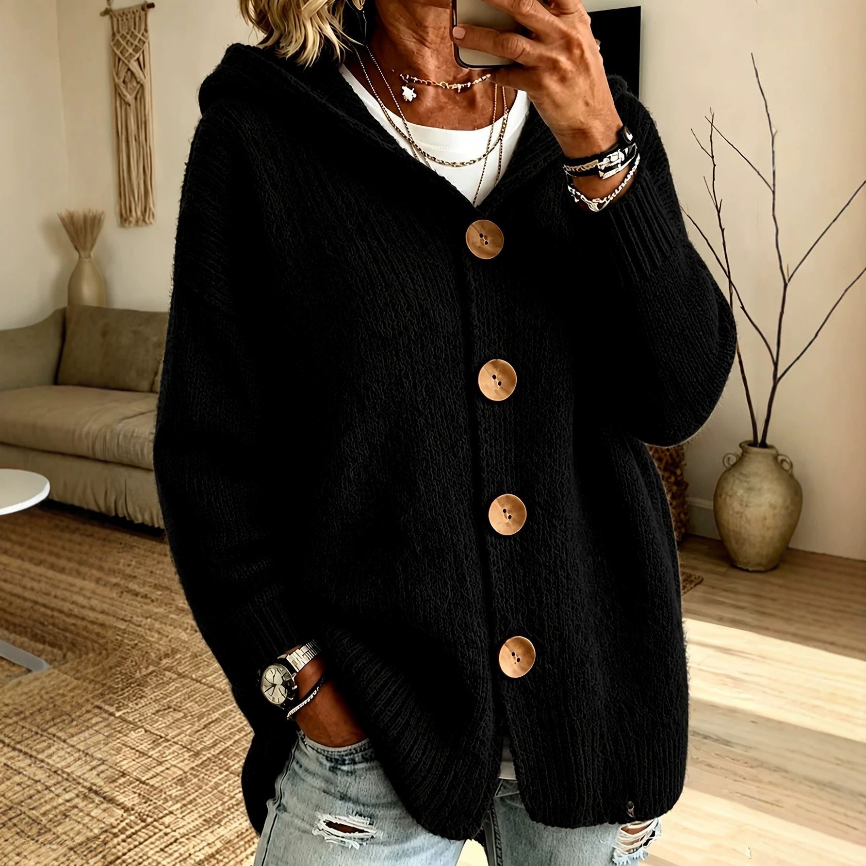 Oversized Hooded Button‑Front Long Sleeve Loose Fit Knit Cardigan With Pockets