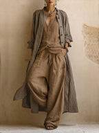 Casual Bohemian Linen And Cotton Long Cardigan And Sleeveless Top And Pants Three-piece Set