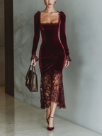 Women's Burgundy Velvet Lace Fitted Maxi Dress
