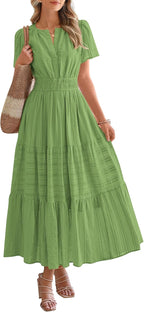 Womens Summer Lightweight Short Sleeve V Casual Midi Maxi Dresses