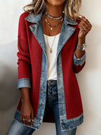 Women's Faux‑Layer Denim Trim Ribbed Open‑Front Cardigan