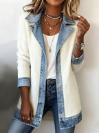 Women's Faux‑Layer Denim Trim Ribbed Open‑Front Cardigan