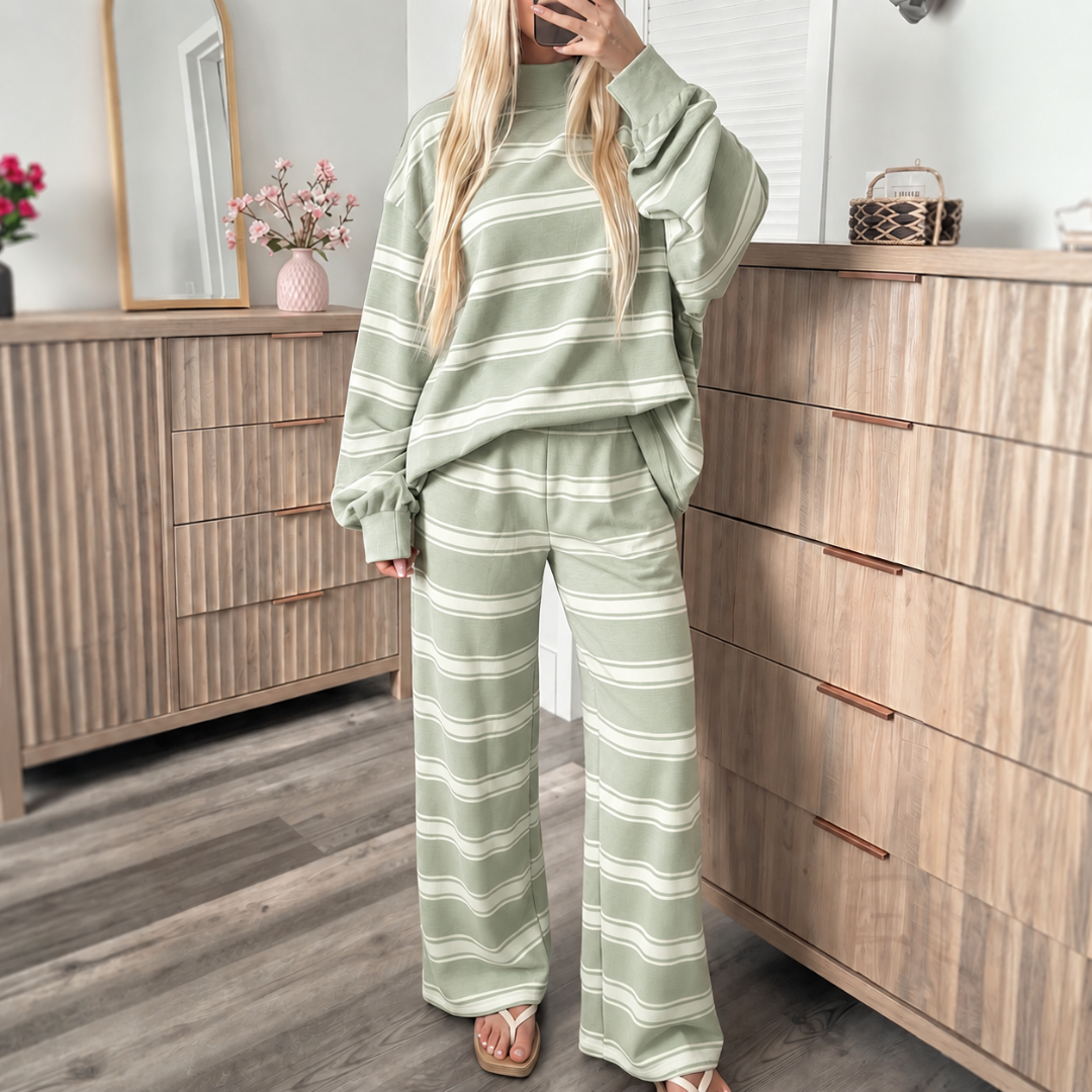Striped Knit Lounge Set – Relaxed Crewneck Sweatshirt & Wide-Leg Pants