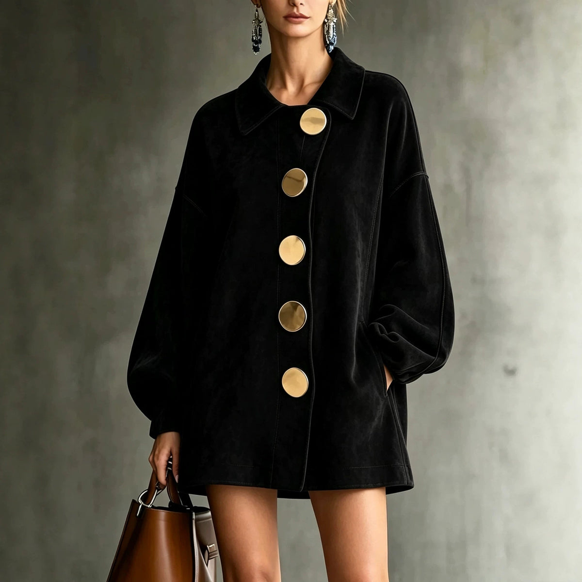margot oversized faux suede jacket dress in black - front view