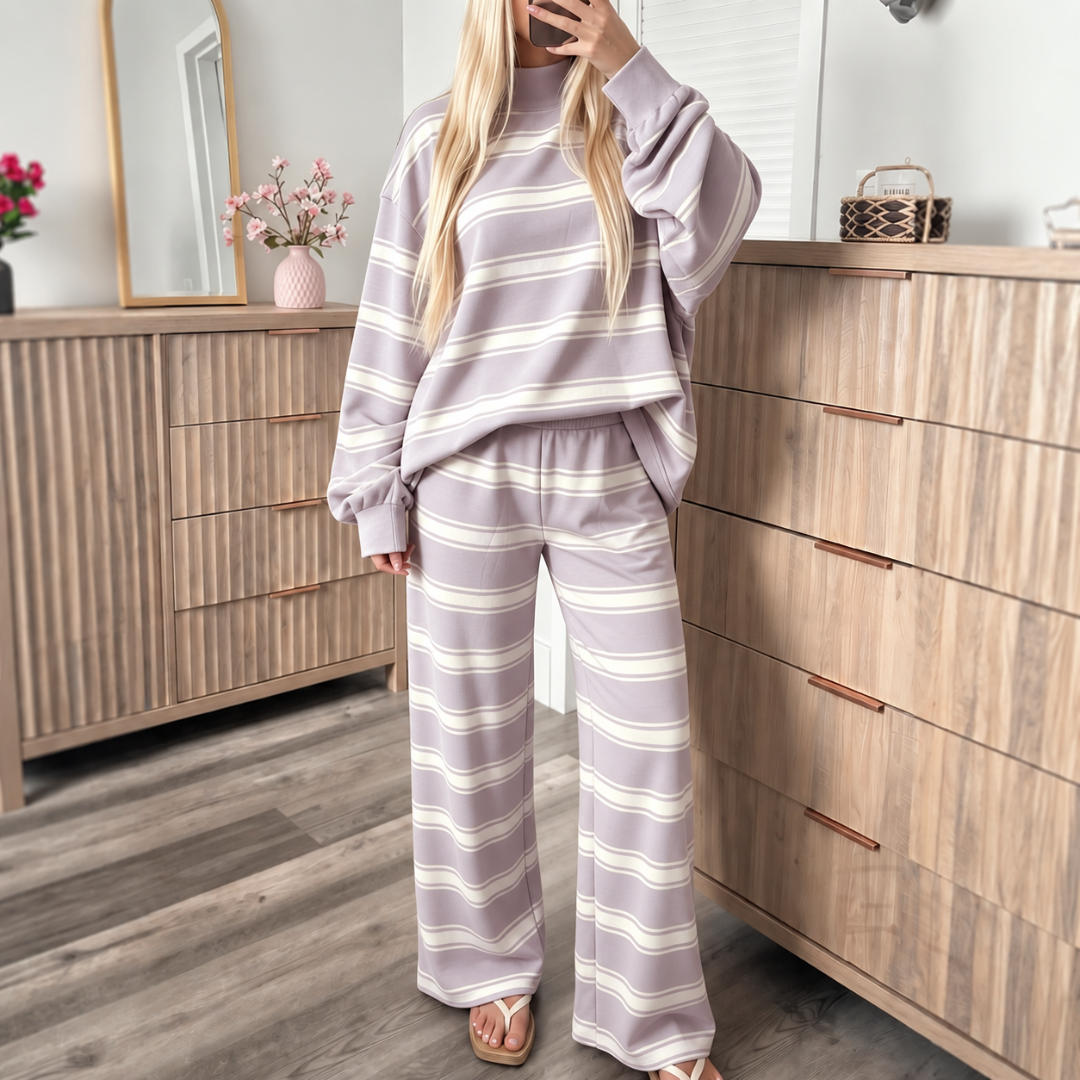 Striped Knit Lounge Set – Relaxed Crewneck Sweatshirt & Wide-Leg Pants