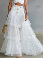 High Waist Button‑Front Denim Patchwork Tiered Tulle Maxi Skirt