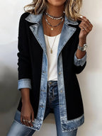 Women's Faux‑Layer Denim Trim Ribbed Open‑Front Cardigan