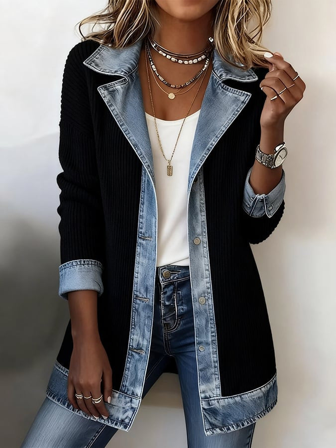 Women's Faux‑Layer Denim Trim Ribbed Open‑Front Cardigan