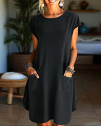 Pocket Detail Round Neck Short Sleeve Dress