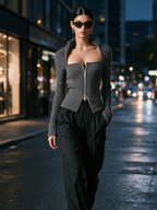 Women's Zip‑Front Cutout Knit Top