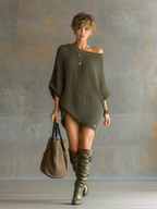 Women's Knit Loose Large Round Neck Batwing Sleeve Mini Dress
