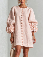 Blush Pink Fabric Floral Appliqué Balloon‑Sleeve Shift Mini Dress