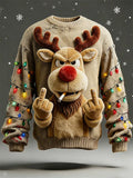 Men'S 3D Fun Reindeer For Christmas Art Print Casual Flannel Knit Sweatshirt