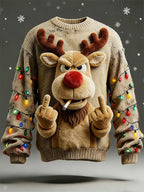 Men'S 3D Fun Reindeer For Christmas Art Print Casual Flannel Knit Sweatshirt